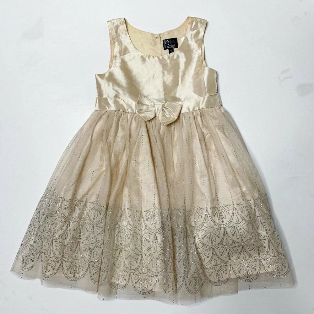 Pink & Violet Dress Girls Size 6 Cream Formal Silver Glitter Tie Back Sleeveless